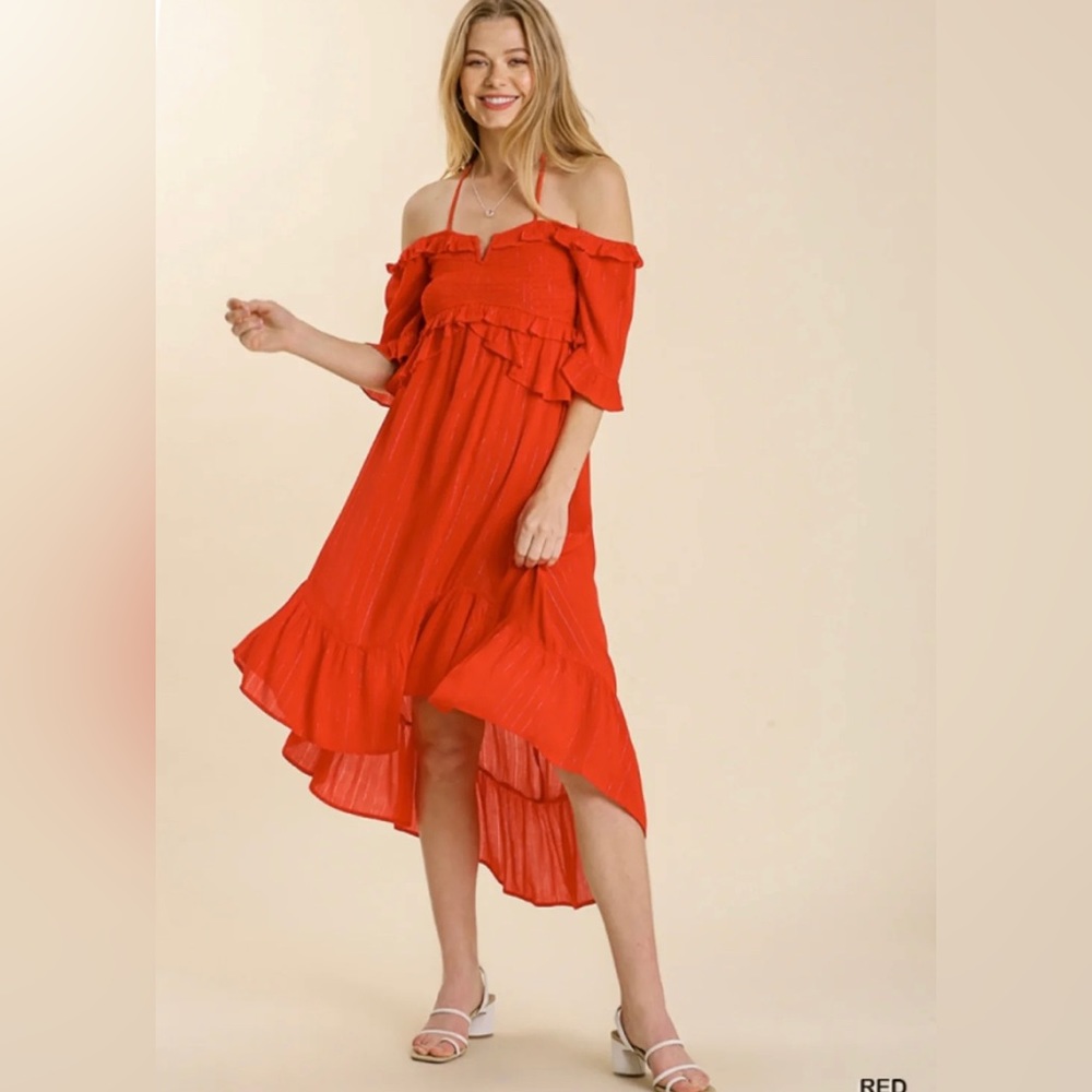 UMGEE Striped Metallic Print Off Shoulder Dress